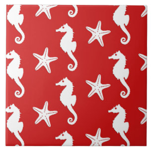 Azulejo De Cerámica Seahorse y estrellas de mar - rojo coralino y