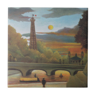 Azulejo De Cerámica Sena y Torre Eiffel al atardecer de Henri Rousseau