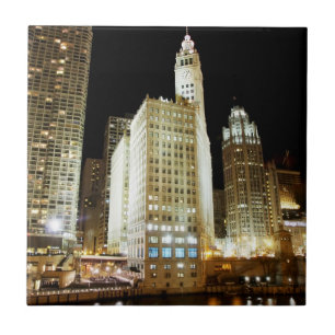 Azulejo De Cerámica Señal famosa de Chicago en la noche
