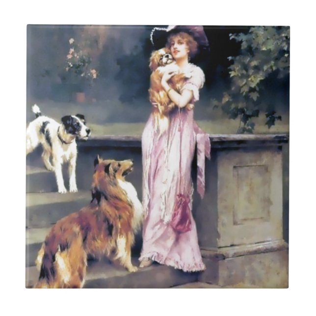 Azulejo De Cerámica Señora del Victorian con los mascotas del perro (Frente)