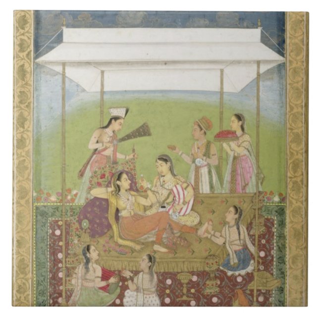 Azulejo De Cerámica Señoras que escuchan la música en un jardín, del (Frente)