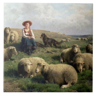 Azulejo De Cerámica Shepherdess con las ovejas en un paisaje