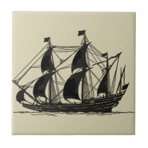 Azulejo De Cerámica Silhouette de barco con velas de barrido