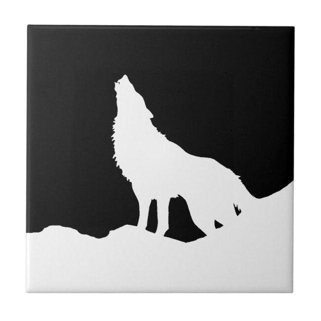 Azulejo De Cerámica Silhouette de Lobo de Arte Pop Blanco y Negro (Frente)