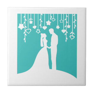 Azulejo De Cerámica Silhouettes Aqua & White Bride y Groom Boda