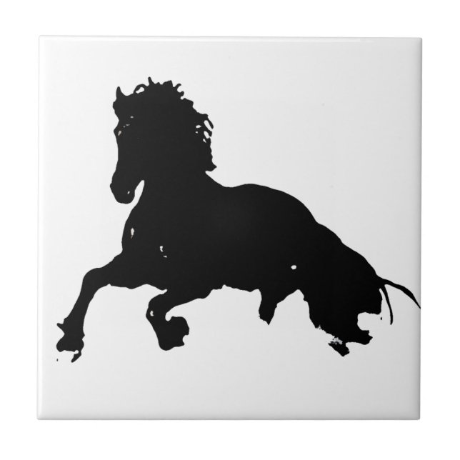 Azulejo De Cerámica Silueta blanca de caballo en blanco negro (Frente)