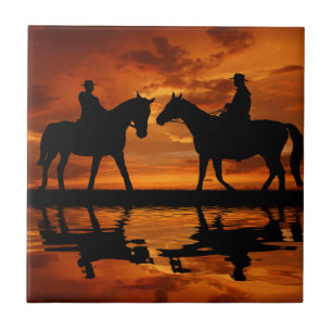 Azulejo De Cerámica Silueta de vaquero de Western Sunset Horseback