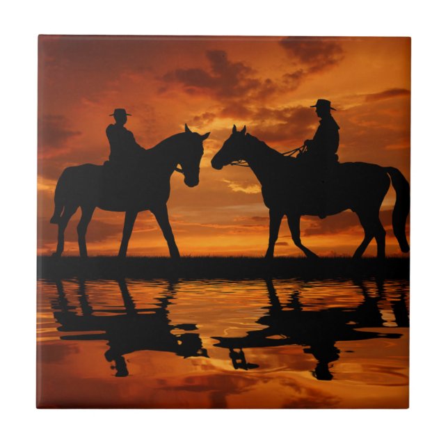 Azulejo De Cerámica Silueta de vaquero de Western Sunset Horseback (Frente)