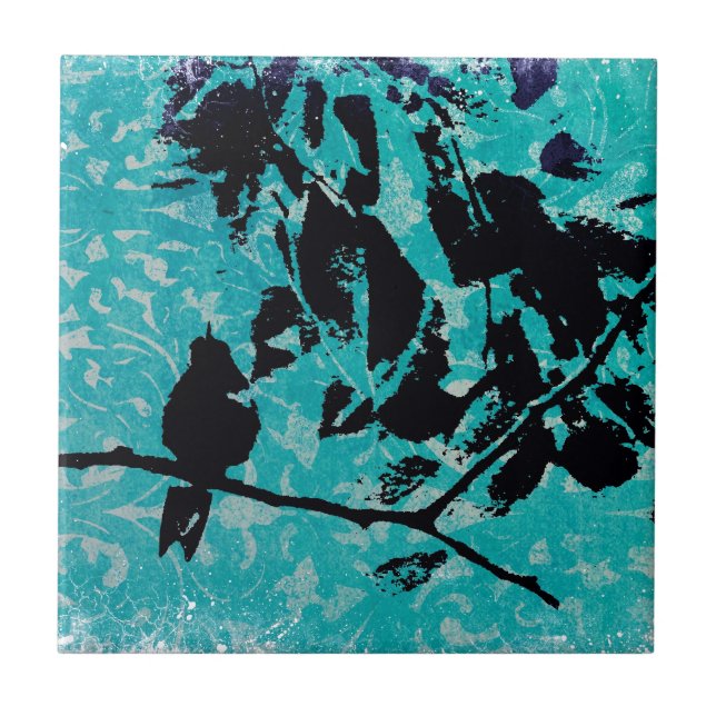 Azulejo De Cerámica Silueta del colibrí en fondo azul del Grunge (Frente)