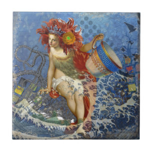 Azulejo De Cerámica Sirena Acuario Arte Azul Gótico