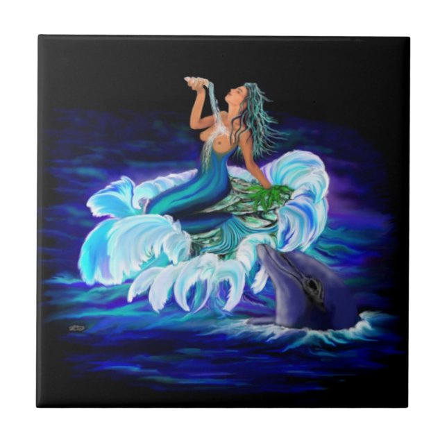 Azulejo De Cerámica Sirena con delfín (Frente)