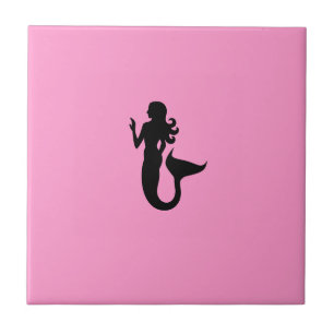 Azulejo De Cerámica Sirena de Glow_Black-on-Pink del océano