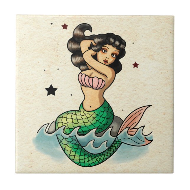 Azulejo De Cerámica Sirena hermosa de la escuela vieja (Frente)