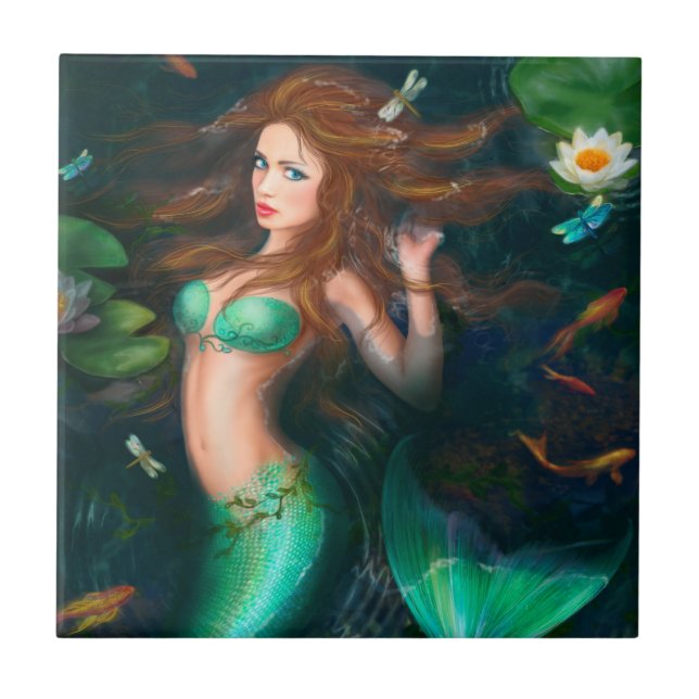 Azulejo De Cerámica Sirena hermosa de la fantasía en el lago (Frente)