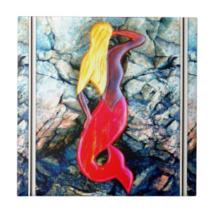 Azulejo De Cerámica sirena rubia con la cola roja
