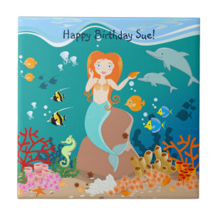 Azulejo De Cerámica Sirena y delfines en la fiesta de cumpleaños del m