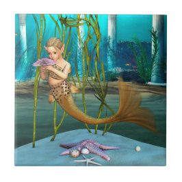 Azulejo De Cerámica Sirenita pequeña con flores anémicas