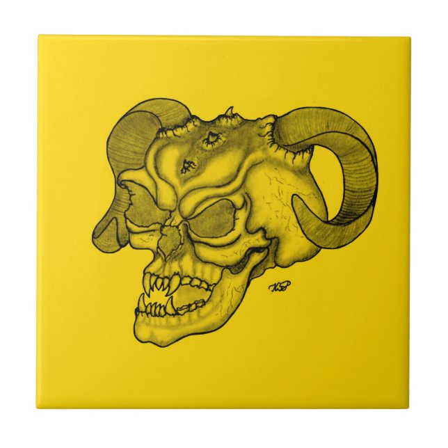 Azulejo De Cerámica Skull Devil Head Black and Yellow Design (Frente)