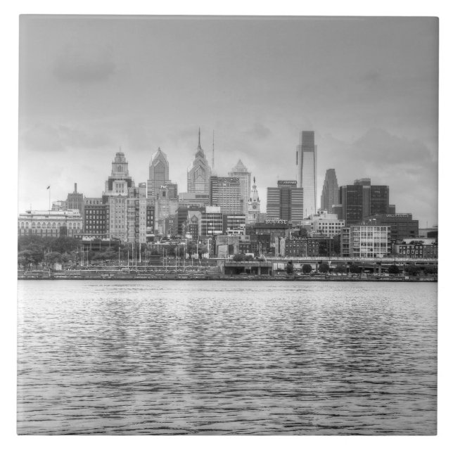 Azulejo De Cerámica Skyline Filadelfia en blanco y negro (Frente)