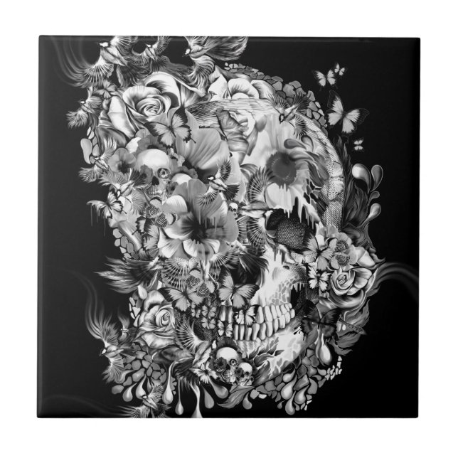 Azulejo De Cerámica Snowbirds, cráneo hecho de pájaros y flores (Frente)