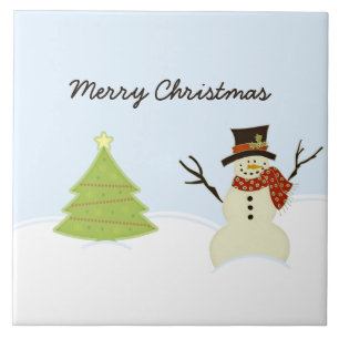 Azulejo De Cerámica Snowman y el árbol