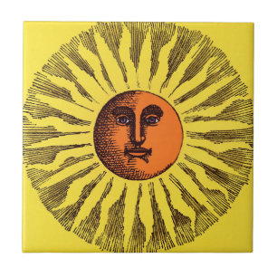 Azulejo De Cerámica Sol Hippie Feliz Sonriente Amarillo Celestial Vint