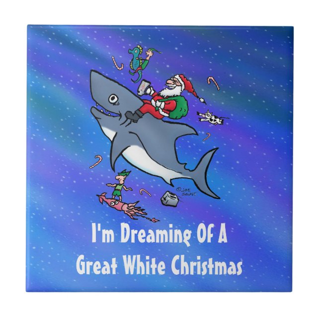 Azulejo De Cerámica Soñando Con Un Gran Navidad Tiburón Blanco (Frente)
