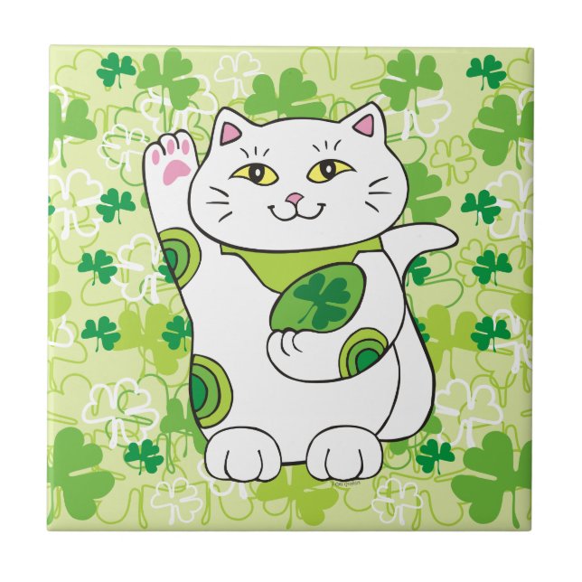Azulejo De Cerámica St. Patrick's Day Maneki Neko (Gato afortunado) (Frente)