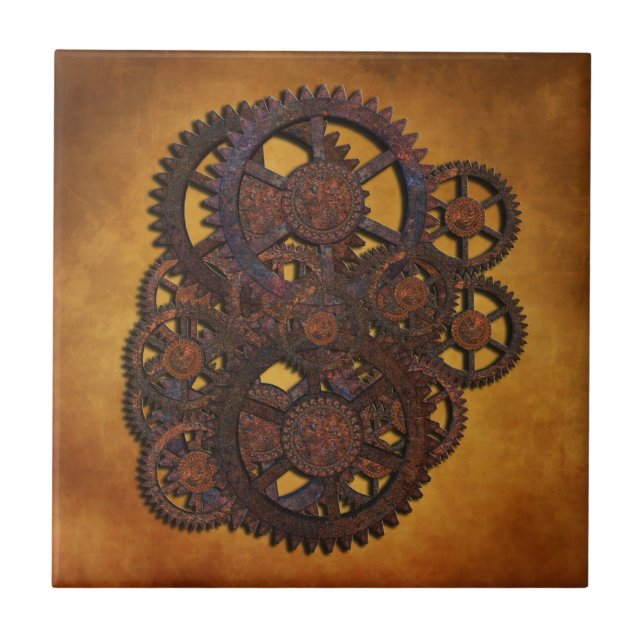 Azulejo De Cerámica Steampunk Rusty Gears (Frente)