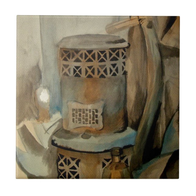 Azulejo De Cerámica Stove de madera y Sythe (Frente)