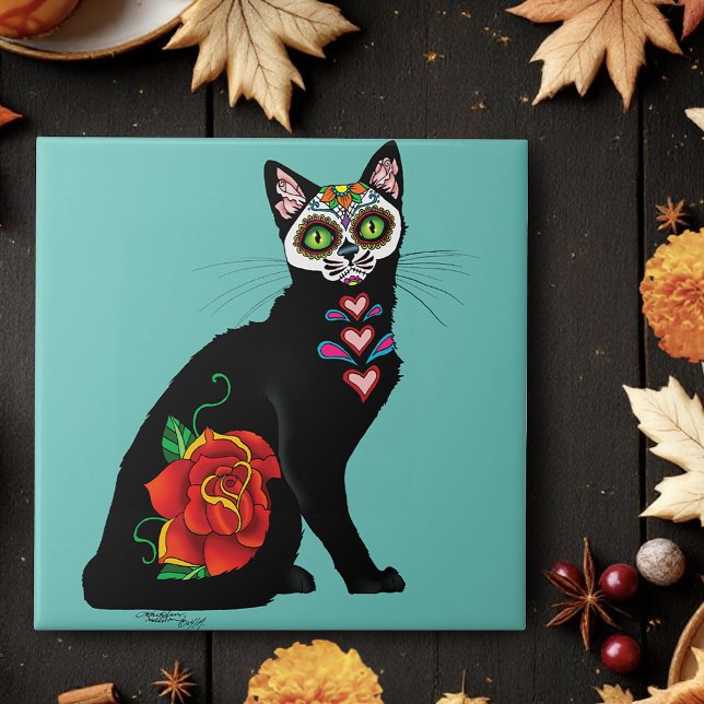 Azulejo De Cerámica Sugar Skull Black Cat (Subido por el creador)