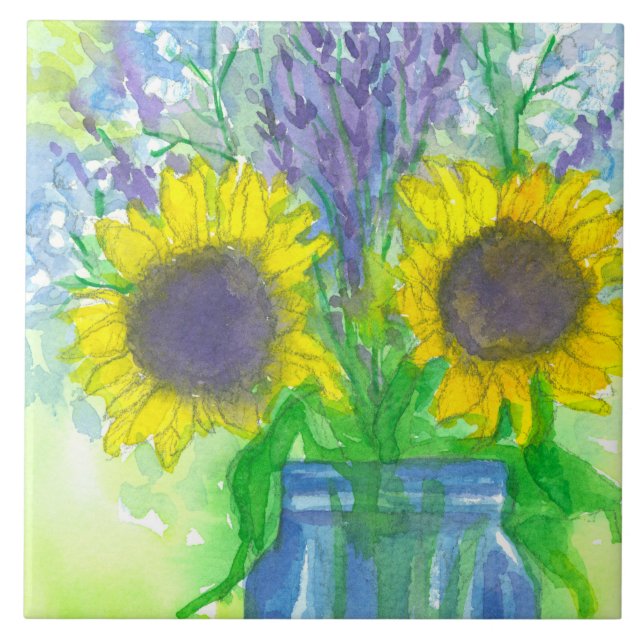 Azulejo De Cerámica Sunflowers Lavender Baby's Breath Bouquet (Frente)