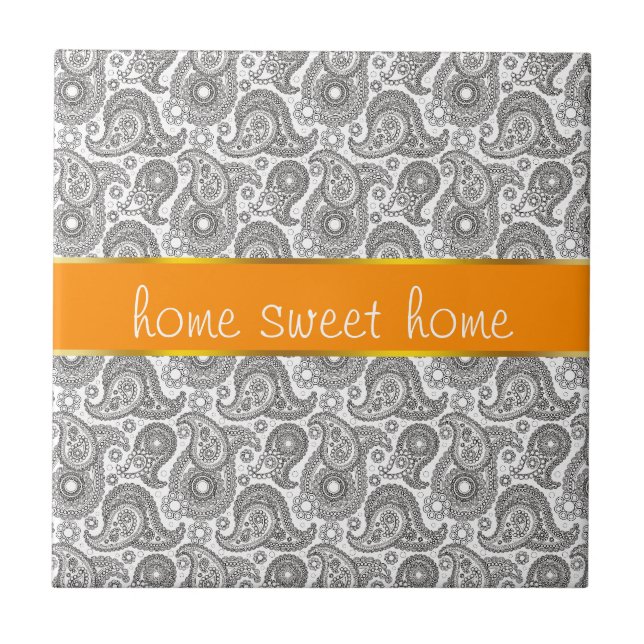 Azulejo De Cerámica Tangerine Black Paisley (Frente)