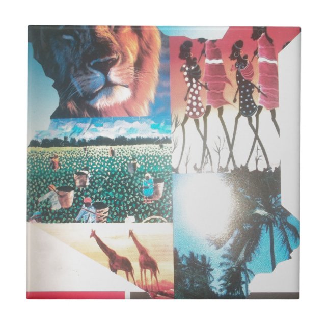 Azulejo De Cerámica Tapiz keniano: Vida silvestre, cultura y playa cos (Frente)