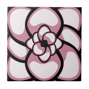 Azulejo De Cerámica Teja, flor abstracta 3, rosa, negro, blanco