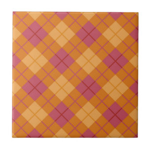 Azulejo De Cerámica Tela escocesa diagonal en naranja y rosa