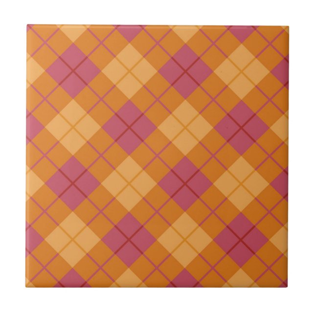Azulejo De Cerámica Tela escocesa diagonal en naranja y rosa (Frente)