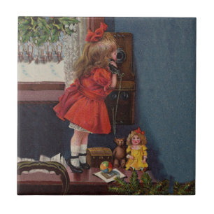 Azulejo De Cerámica Teléfono Antiguo de Niña de Navidad