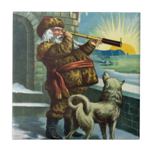 Azulejo De Cerámica Telescopio Perro Atardecer Santa Claus Navidad Vin