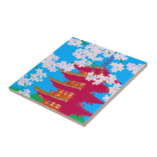 Azulejo De Cerámica Templo japonés con la flor de cerezo