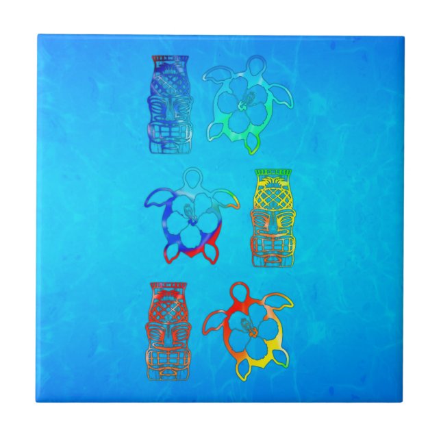 Azulejo De Cerámica Teñido anudado Honu y máscara de Tiki (Frente)