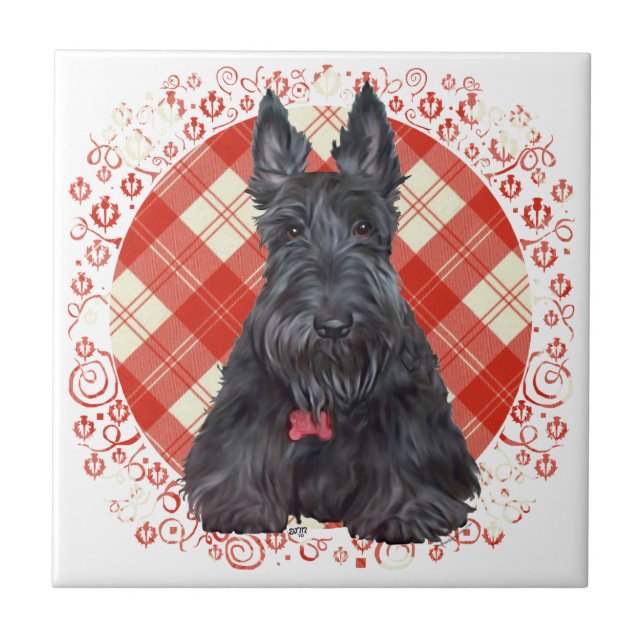 Azulejo De Cerámica Terrier Escocés sobre Tartán (Frente)