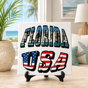 Azulejo De Cerámica Texto de la bandera de Florida y EE. UU.