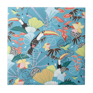Azulejo De Cerámica Textura tropical con Toucans y los colibríes