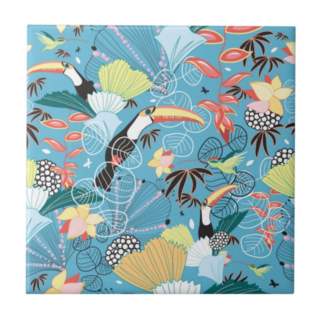 Azulejo De Cerámica Textura tropical con Toucans y los colibríes (Frente)