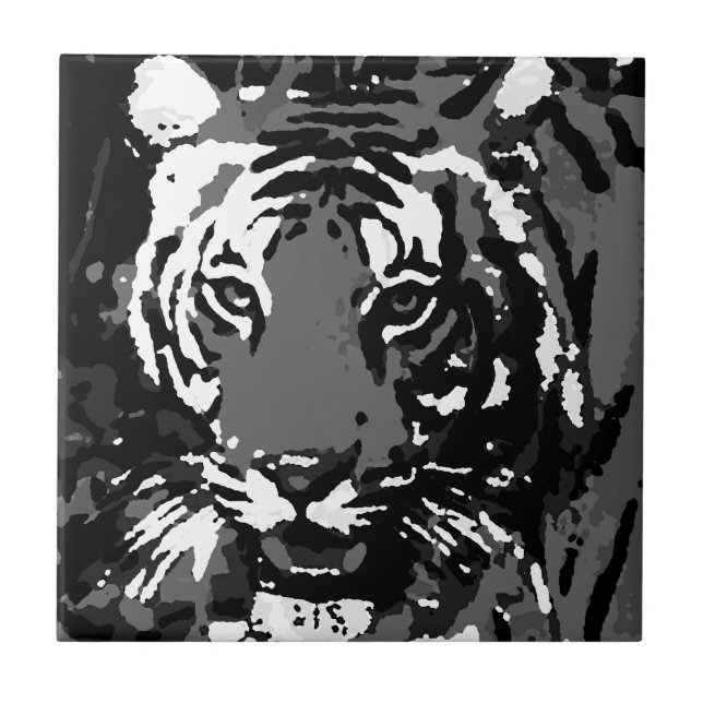 Azulejo De Cerámica Tigre de arte pop blanco negro (Frente)