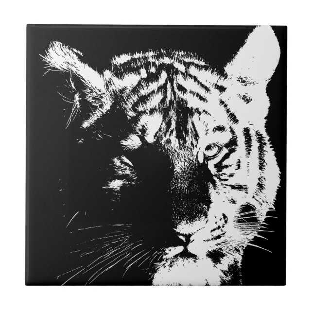 Azulejo De Cerámica Tigre de arte pop blanco y negro (Frente)