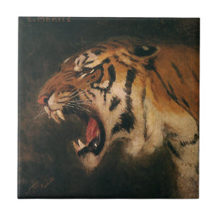 Azulejo De Cerámica Tigre de Bengala Antiguo Gran Felino Rugiendo, Ani