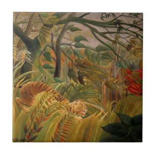 Azulejo De Cerámica Tigre en una tormenta tropical por Henri Rousseau