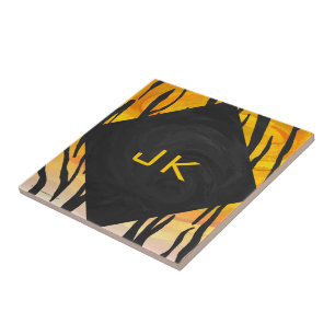 Azulejo De Cerámica Tigre negro y naranja estampado
